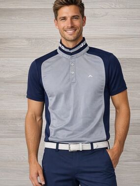 J. Lindeberg Fieldsensor Polo Men's Medium Navy Gray Shirt Spell Out Collar M